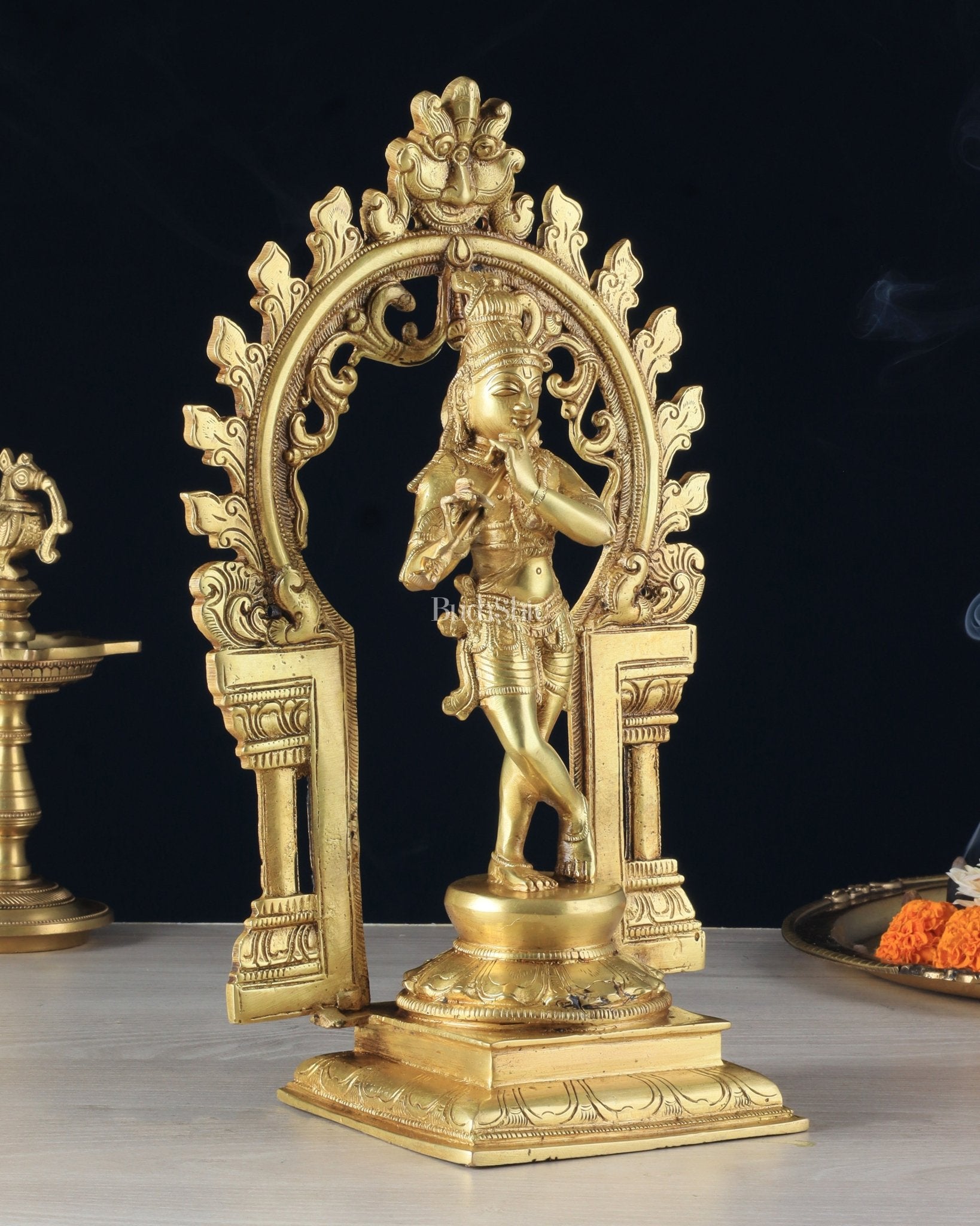 Pure Brass Lord Krishna with Celestial Aura Prabhavali Idol 12.5" golden - Budhshiv.com