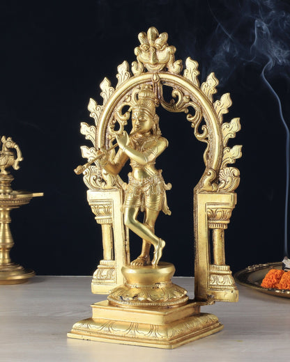 Pure Brass Lord Krishna with Celestial Aura Prabhavali Idol 12.5" golden - Budhshiv.com