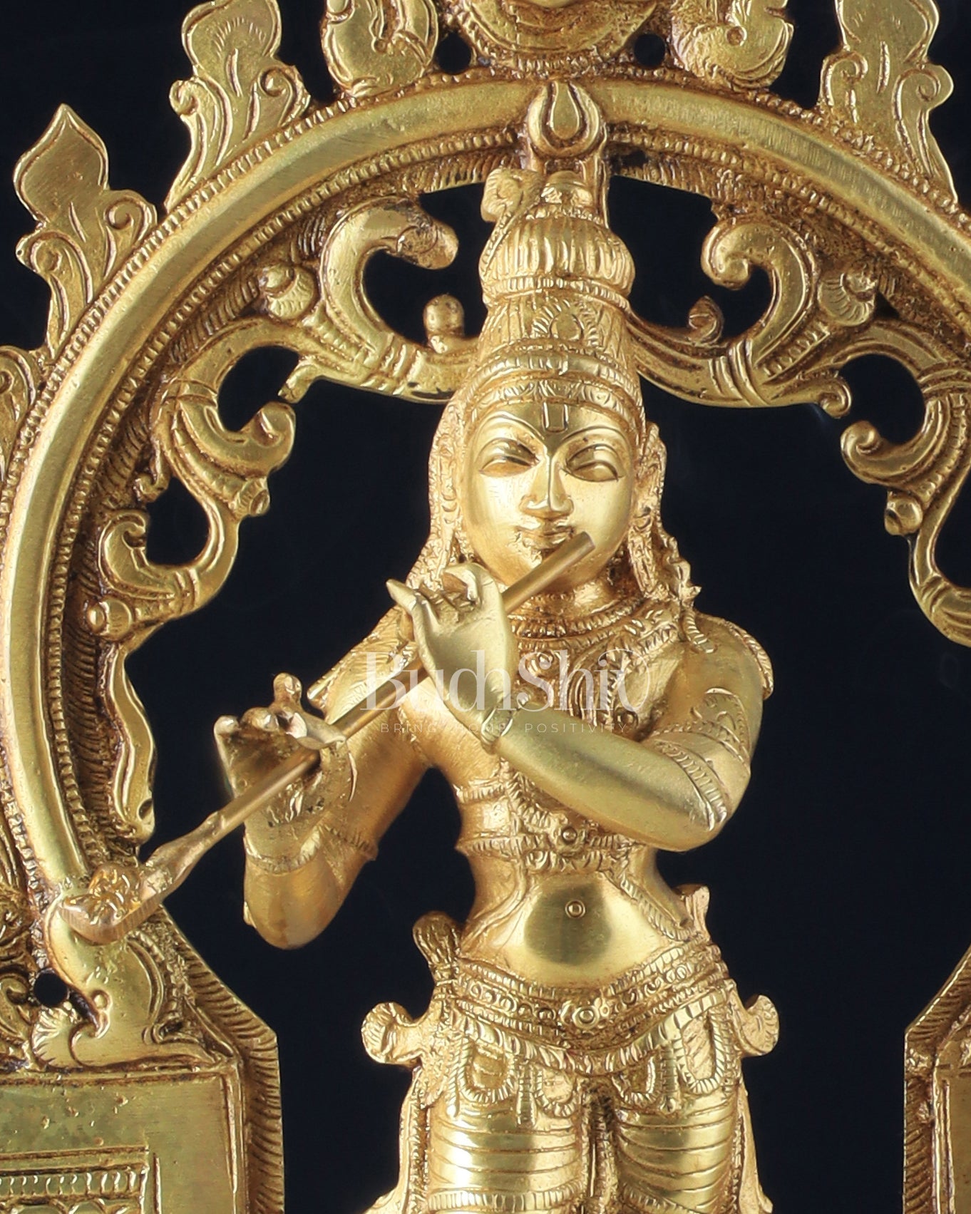 Pure Brass Lord Krishna with Celestial Aura Prabhavali Idol 12.5" golden - Budhshiv.com