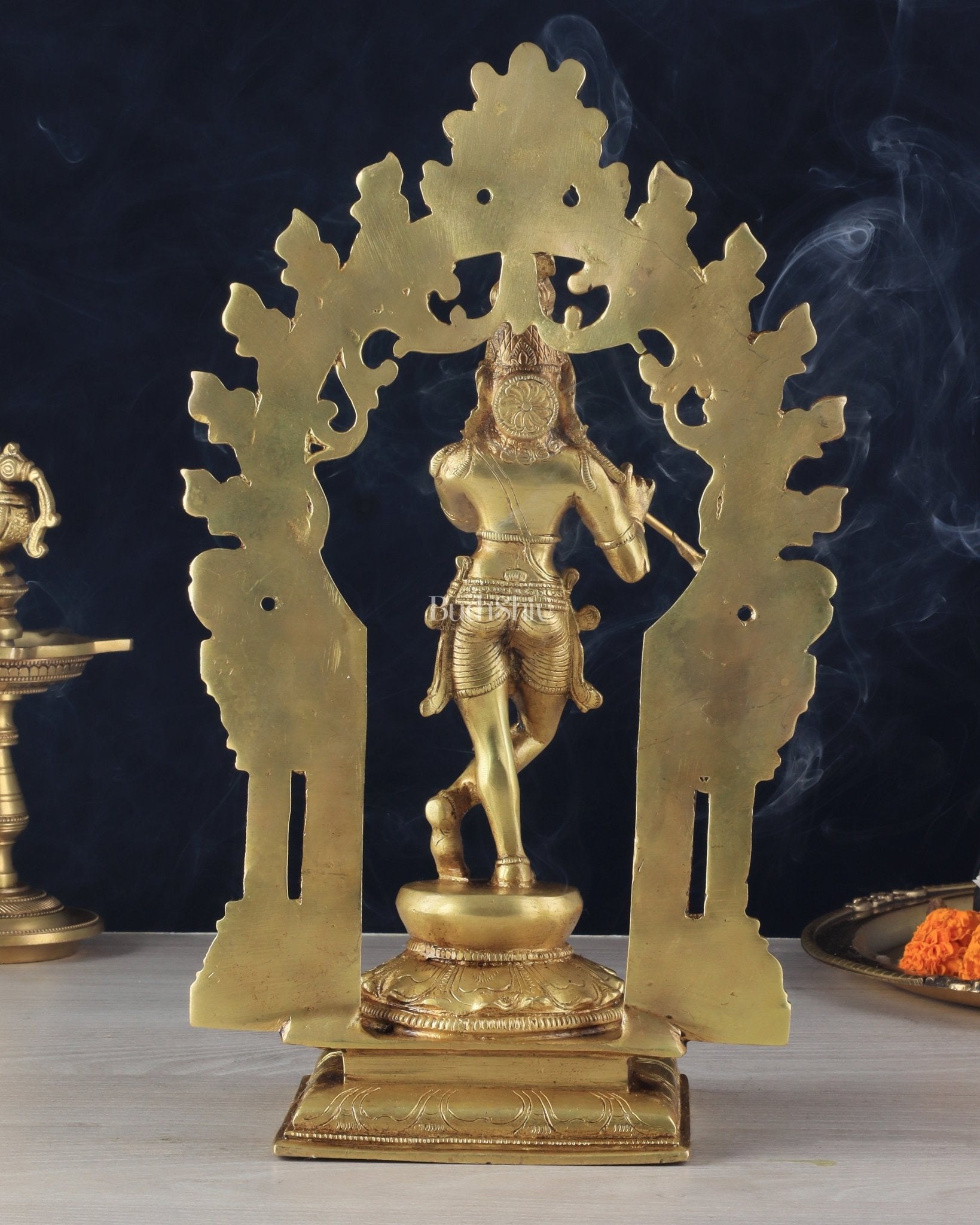 Pure Brass Lord Krishna with Celestial Aura Prabhavali Idol 12.5" golden - Budhshiv.com