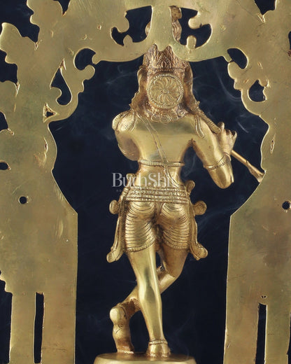 Pure Brass Lord Krishna with Celestial Aura Prabhavali Idol 12.5" golden - Budhshiv.com