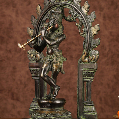 Pure Brass Lord Krishna with Celestial Aura Prabhavali Idol 12.5" - Budhshiv.com