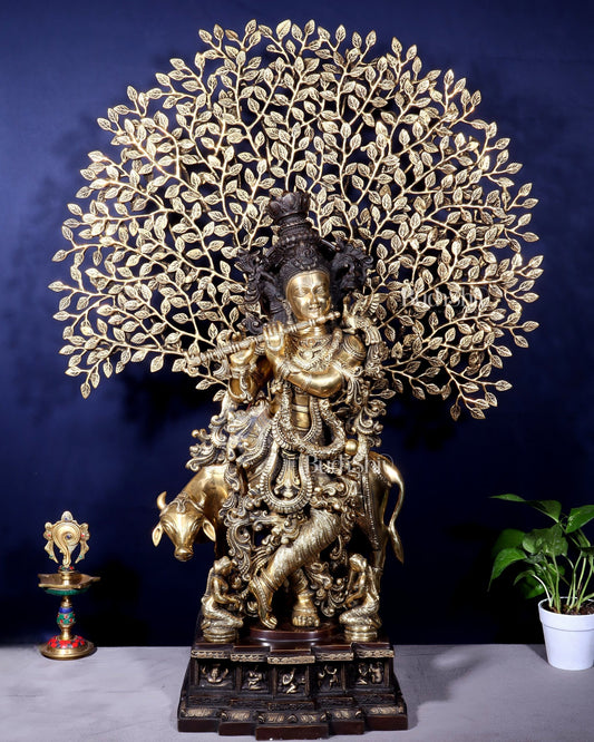 Pure Brass Lord Krishna with Cow and Kalpavriksha Tree – Large Idol 39" - Budhshiv.com