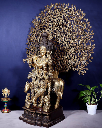 Pure Brass Lord Krishna with Cow and Kalpavriksha Tree – Large Idol 39" - Budhshiv.com