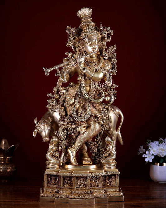 Pure Brass Lord Krishna with Cow – Grand Sculpture with Krishna Leela Base 29 inch - Budhshiv.com