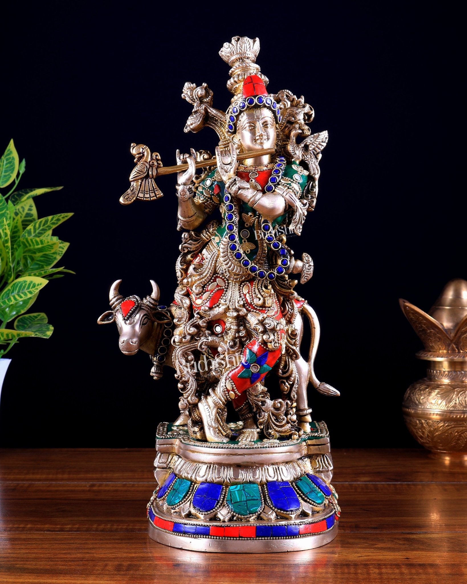 Pure Brass Lord Krishna with Cow idol – 14" with stonework - Budhshiv.com