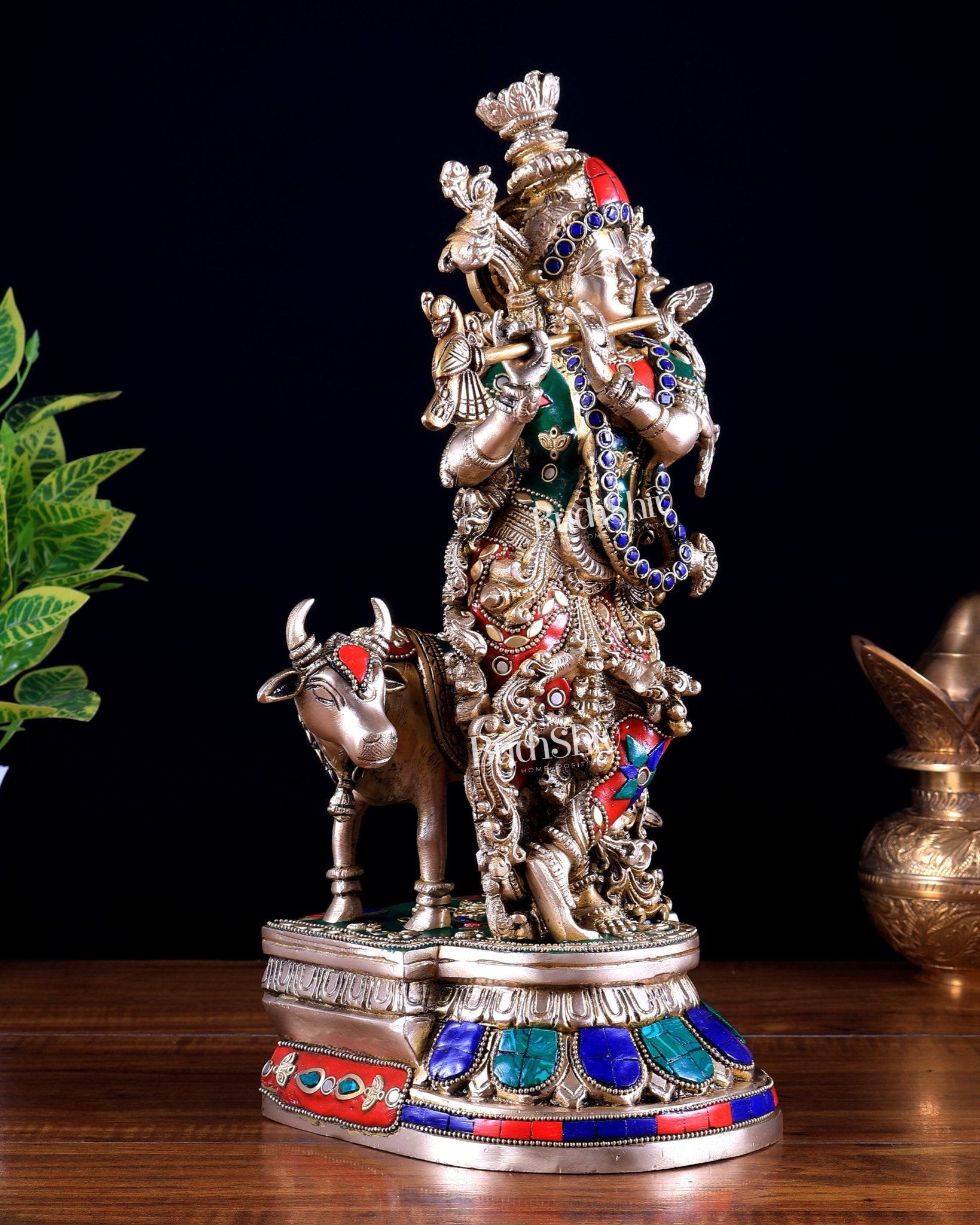 Pure Brass Lord Krishna with Cow idol – 14" with stonework - Budhshiv.com