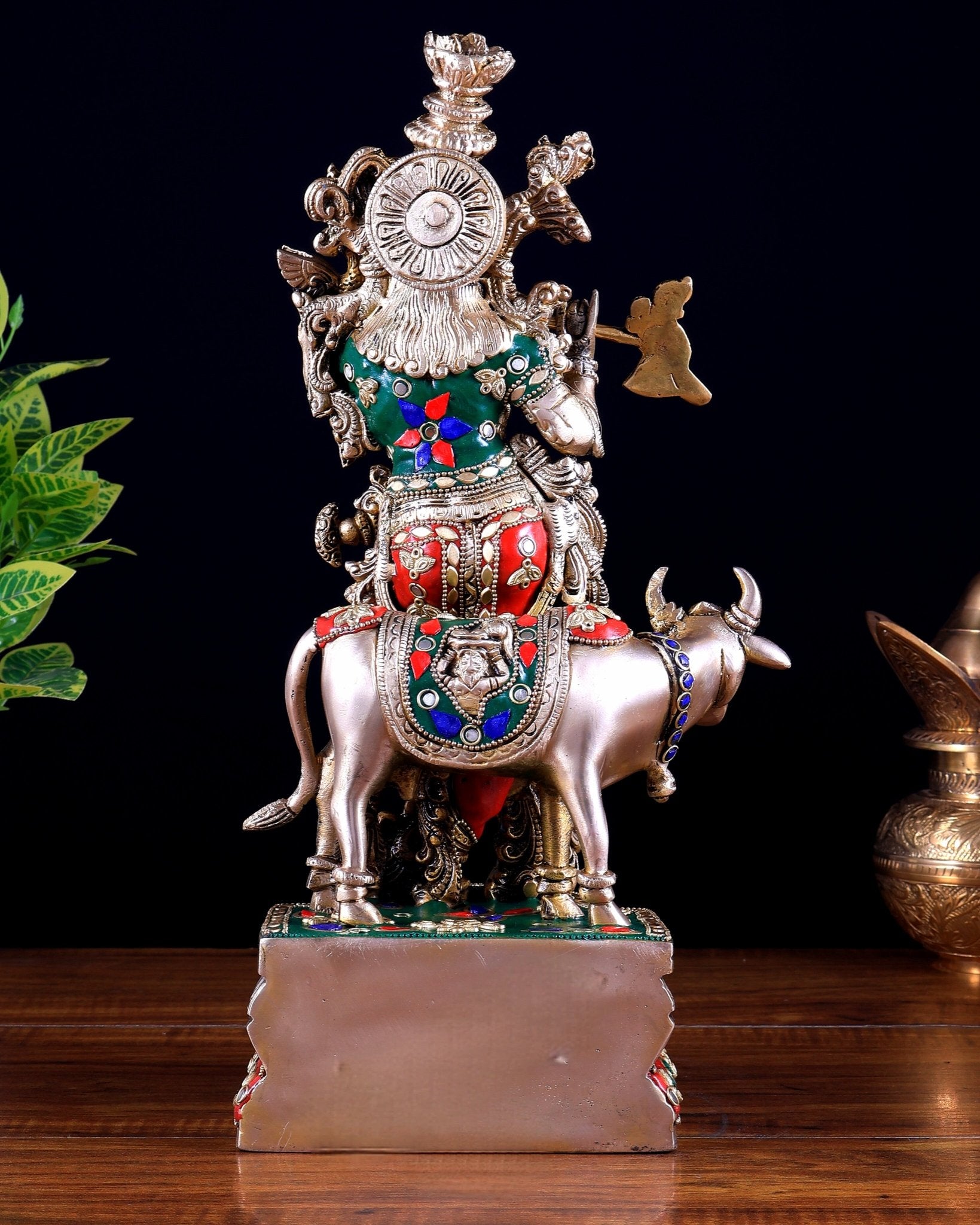 Pure Brass Lord Krishna with Cow idol – 14" with stonework - Budhshiv.com