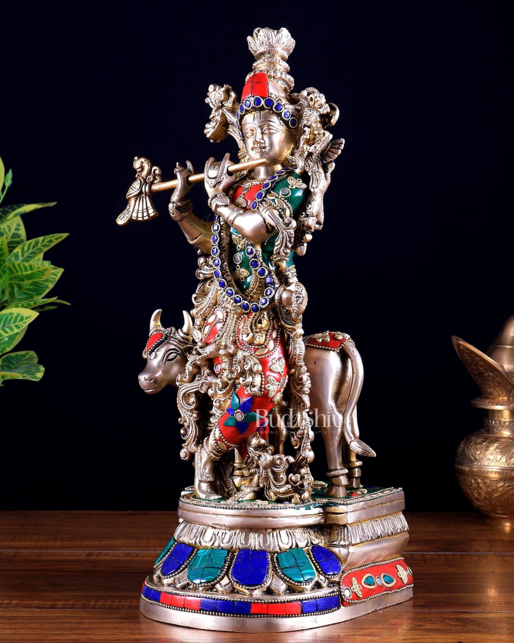 Pure Brass Lord Krishna with Cow idol – 14" with stonework - Budhshiv.com