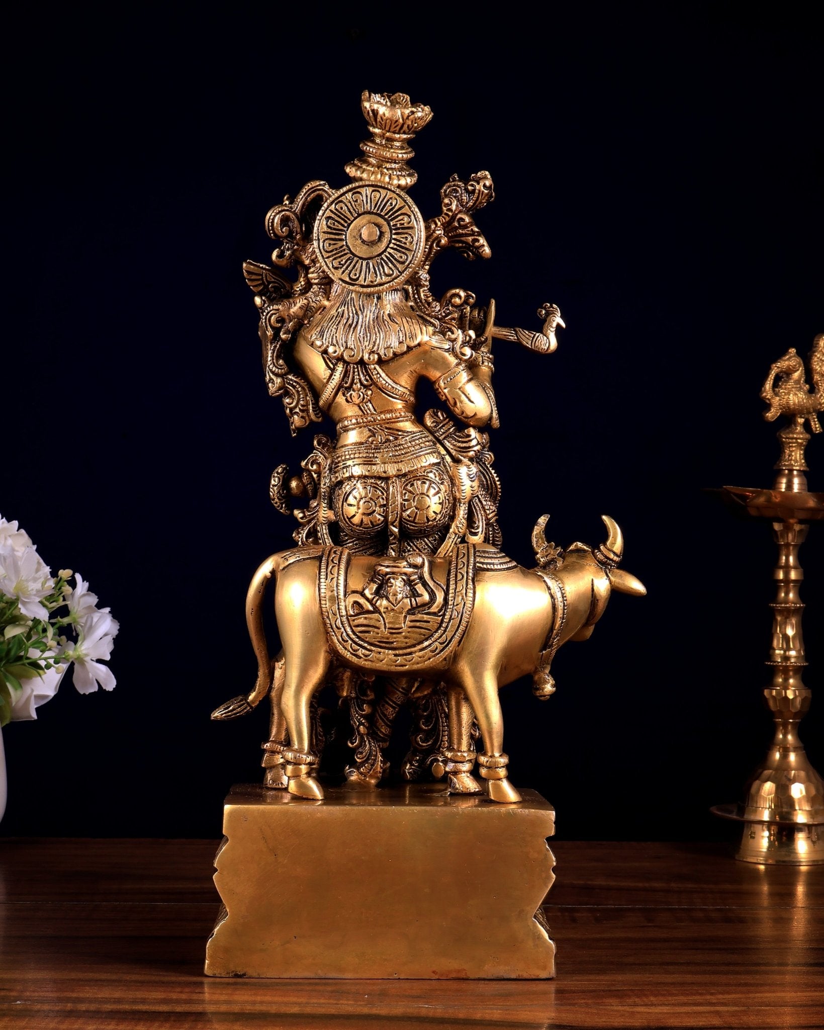 Pure Brass Lord Krishna with Cow idol – 14" - Budhshiv.com