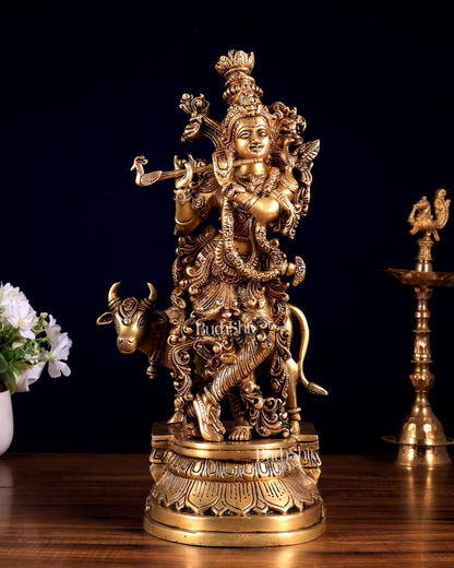 Pure Brass Lord Krishna with Cow idol – 14" - Budhshiv.com