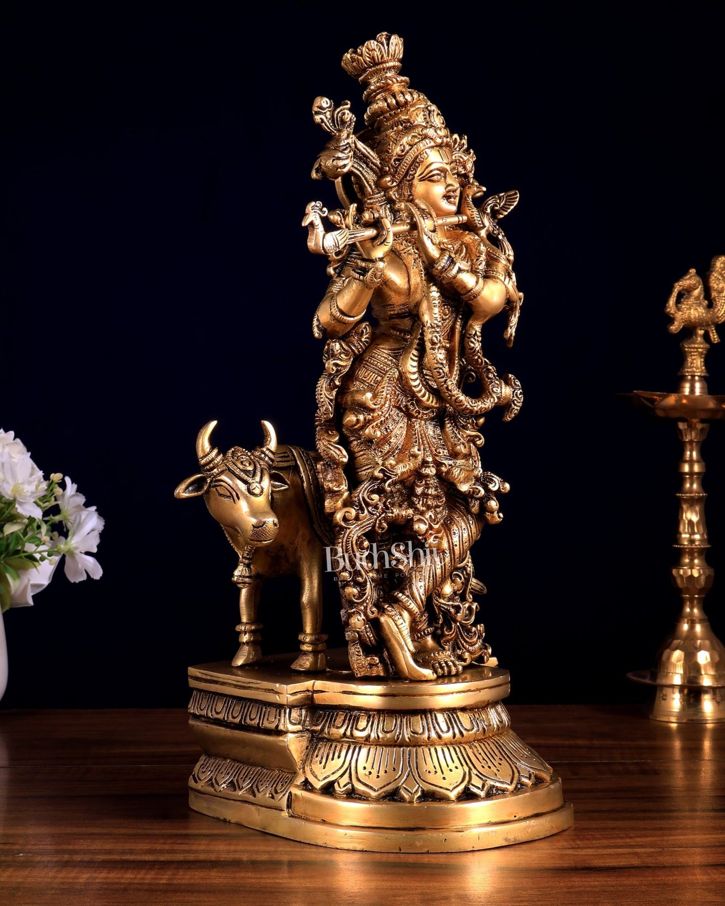 Pure Brass Lord Krishna with Cow idol – 14" - Budhshiv.com