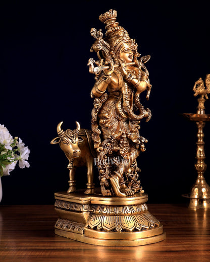 Pure Brass Lord Krishna with Cow idol – 14" - Budhshiv.com