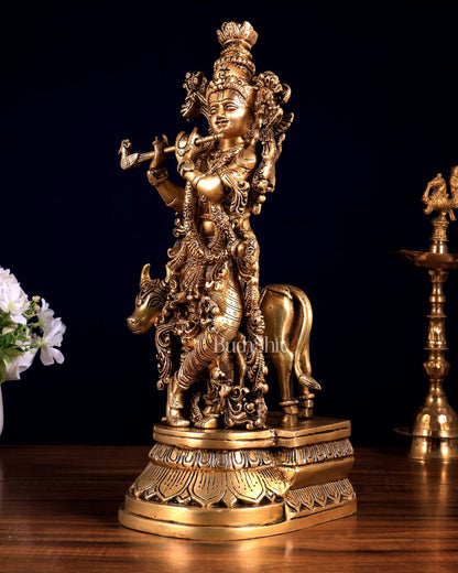 Pure Brass Lord Krishna with Cow idol – 14" - Budhshiv.com