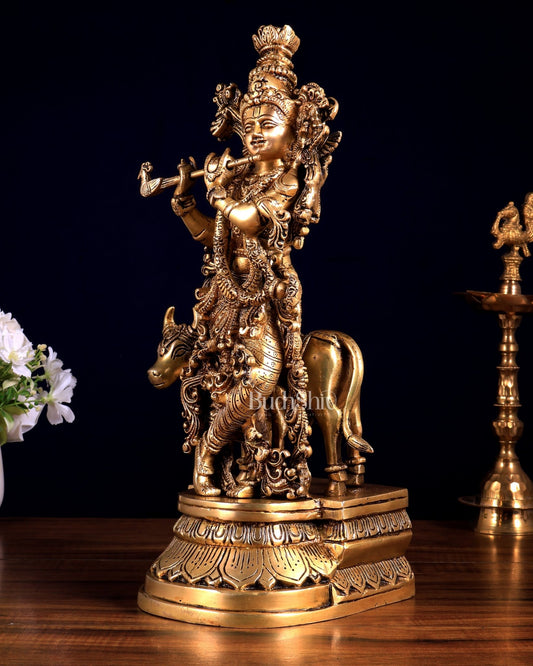 Pure Brass Lord Krishna with Cow idol – 14" - Budhshiv.com