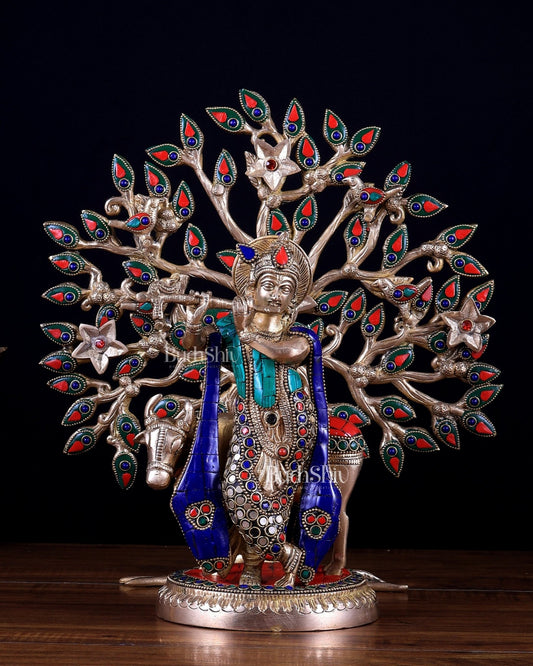 Pure Brass Lord Krishna with Cow & Kalpavriksha Tree – Meenakari Statue 13 inch - Budhshiv.com