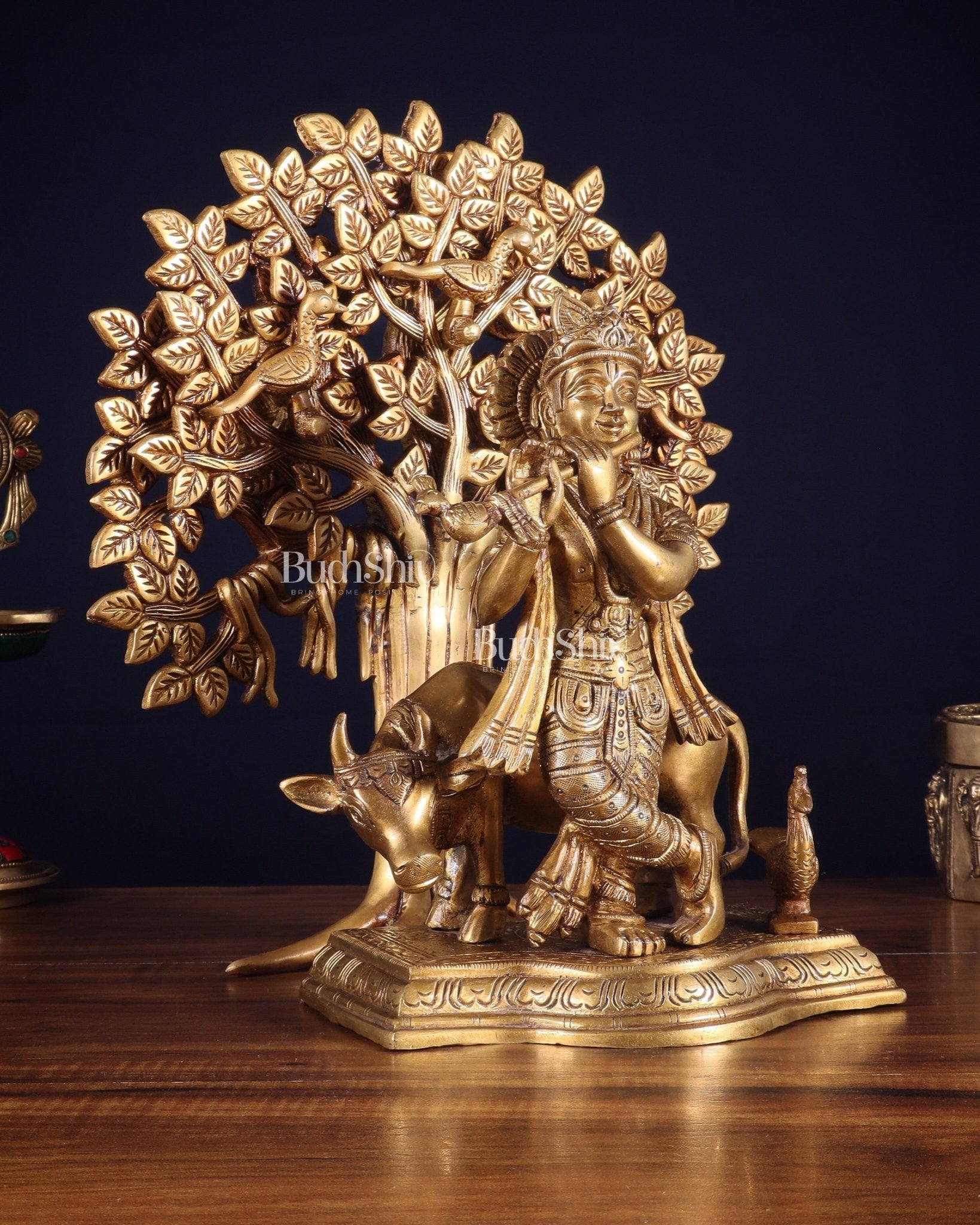 Pure Brass Lord Krishna with Cow & Kalpavriksha Tree Statue 12 inch - Budhshiv.com