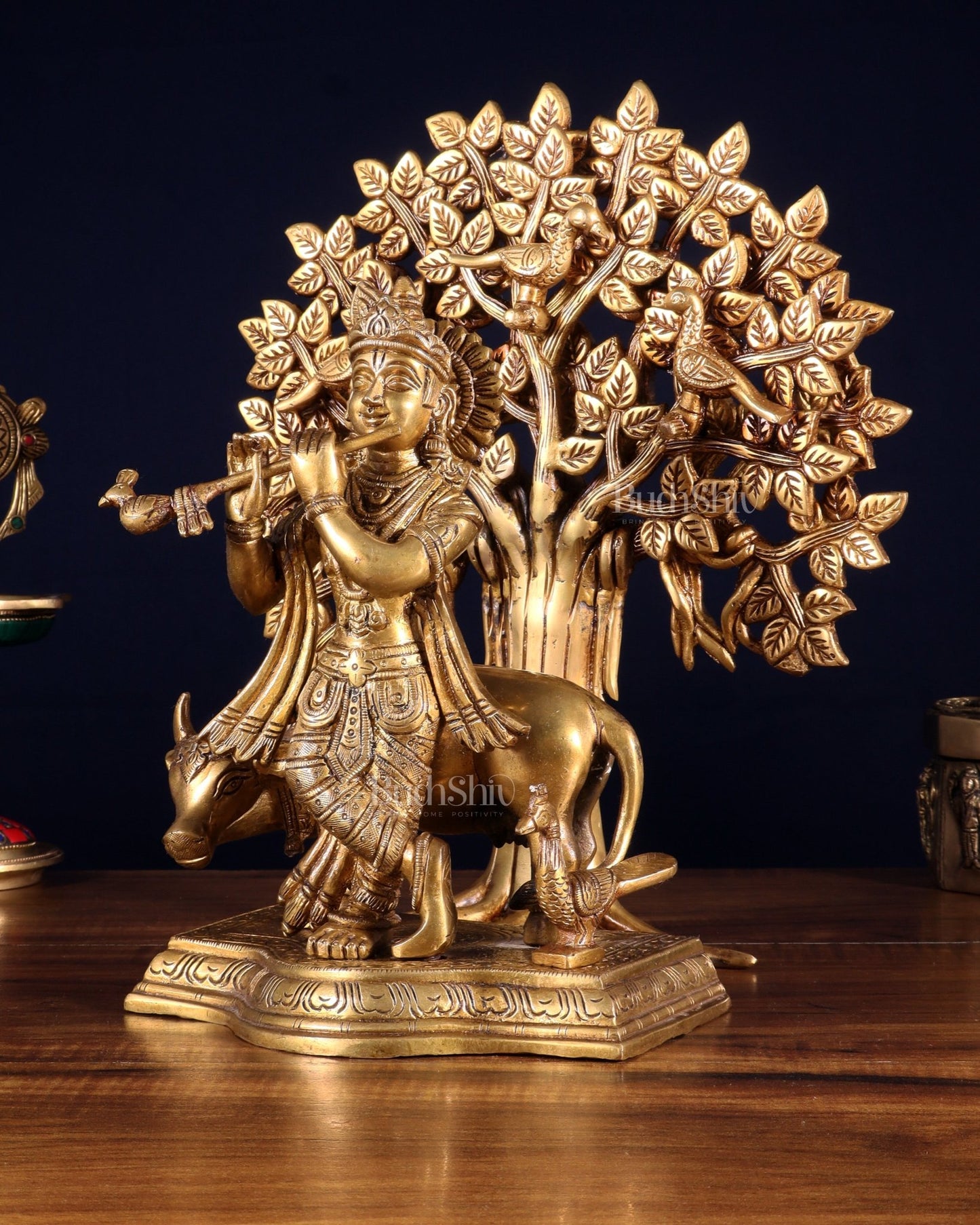 Pure Brass Lord Krishna with Cow & Kalpavriksha Tree Statue 12 inch - Budhshiv.com