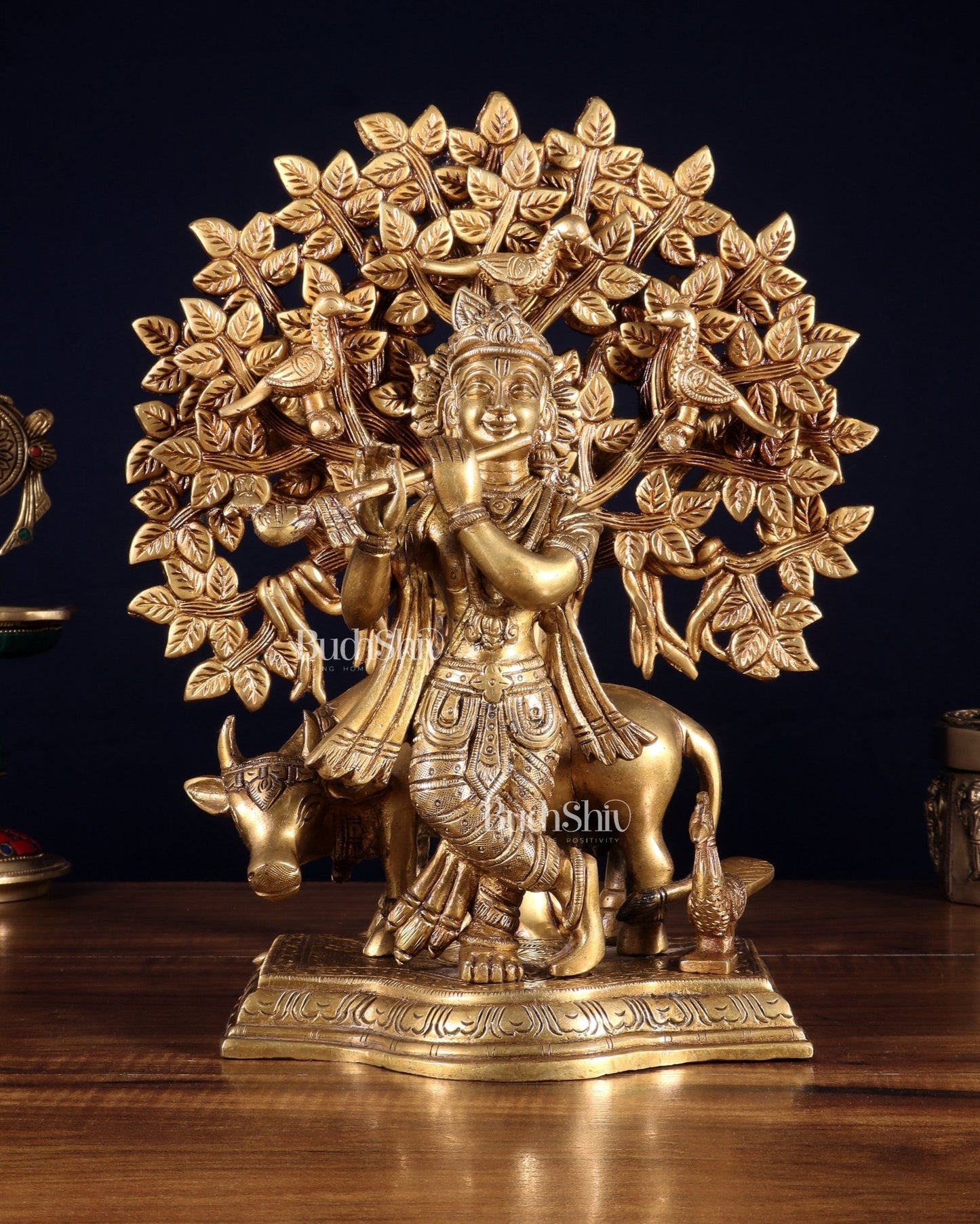 Pure Brass Lord Krishna with Cow & Kalpavriksha Tree Statue 12 inch - Budhshiv.com