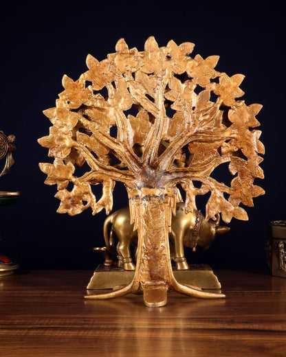 Pure Brass Lord Krishna with Cow & Kalpavriksha Tree Statue 12 inch - Budhshiv.com