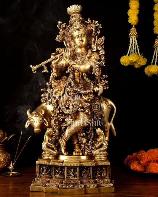 Pure Brass Lord Krishna with Cow large Statue - 29" Height - Budhshiv.com