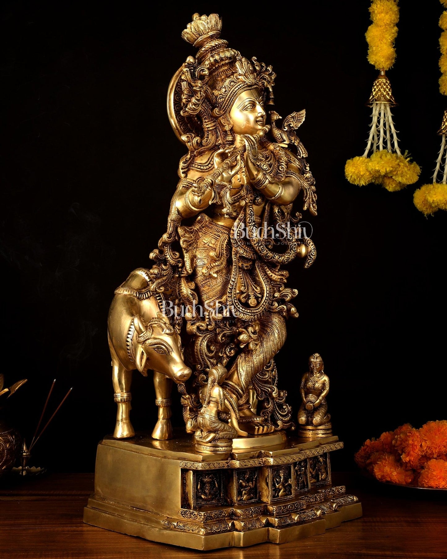 Pure Brass Lord Krishna with Cow large Statue - 29" Height - Budhshiv.com