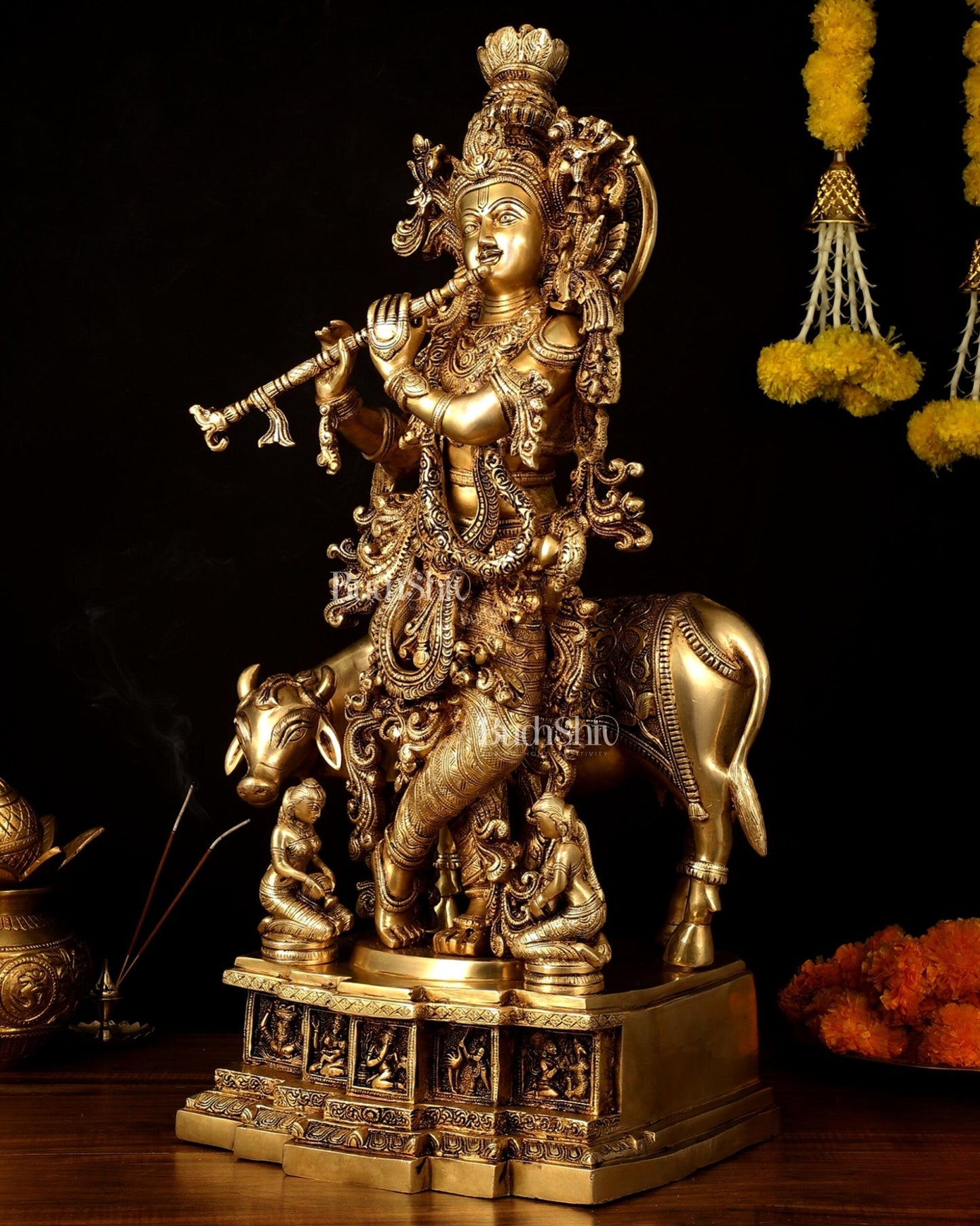 Pure Brass Lord Krishna with Cow large Statue - 29" Height - Budhshiv.com