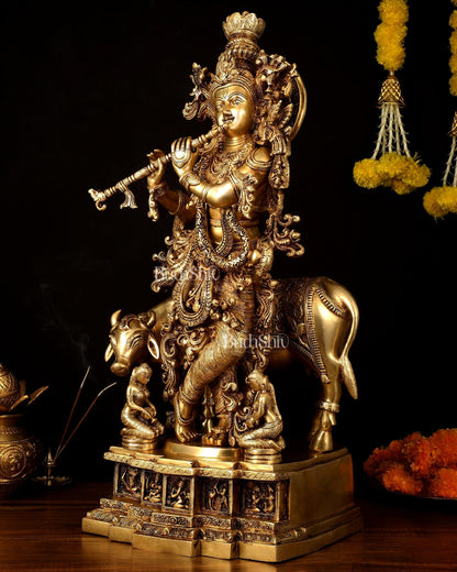Pure Brass Lord Krishna with Cow large Statue - 29" Height - Budhshiv.com