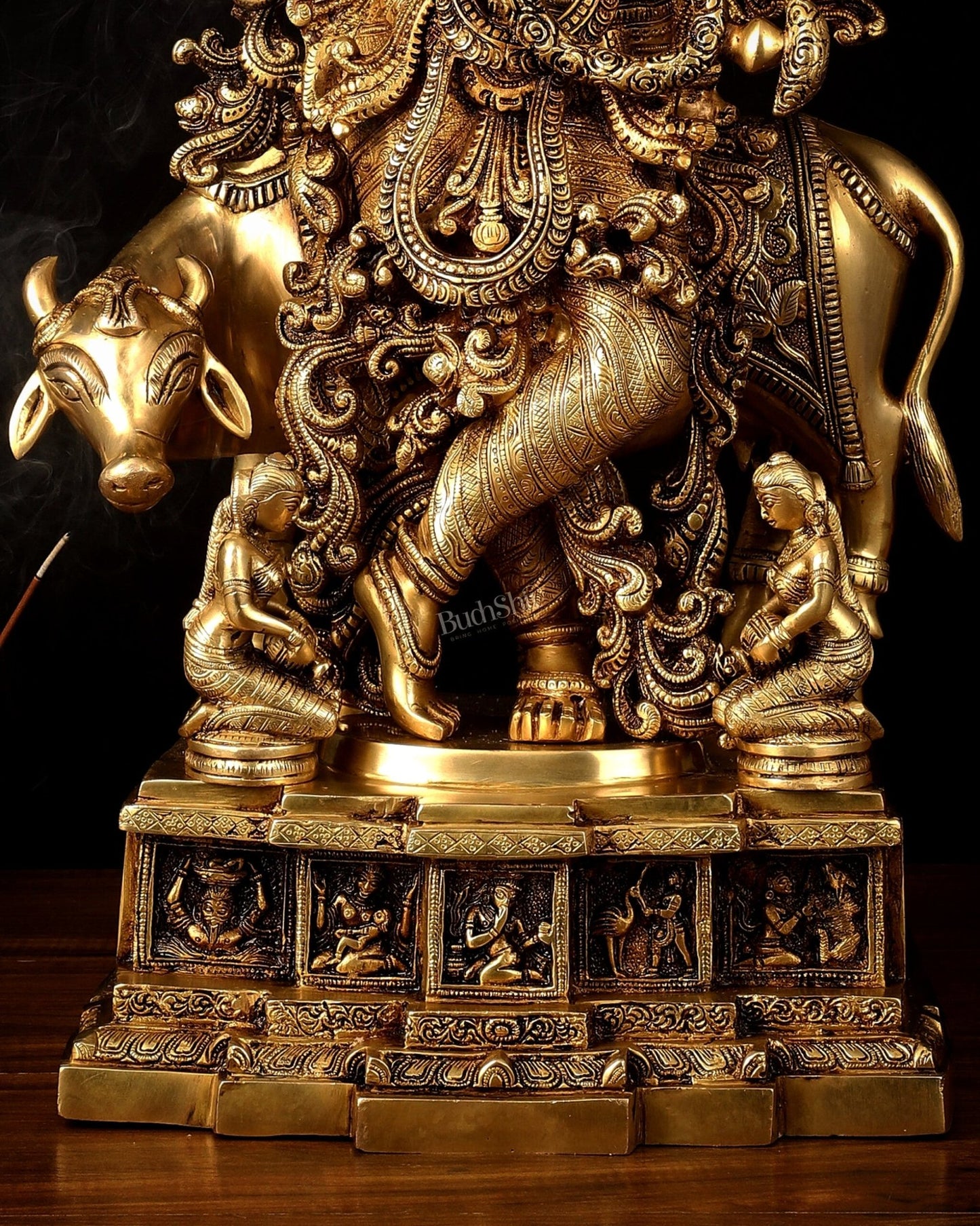 Pure Brass Lord Krishna with Cow large Statue - 29" Height - Budhshiv.com