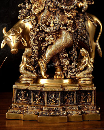 Pure Brass Lord Krishna with Cow large Statue - 29" Height - Budhshiv.com
