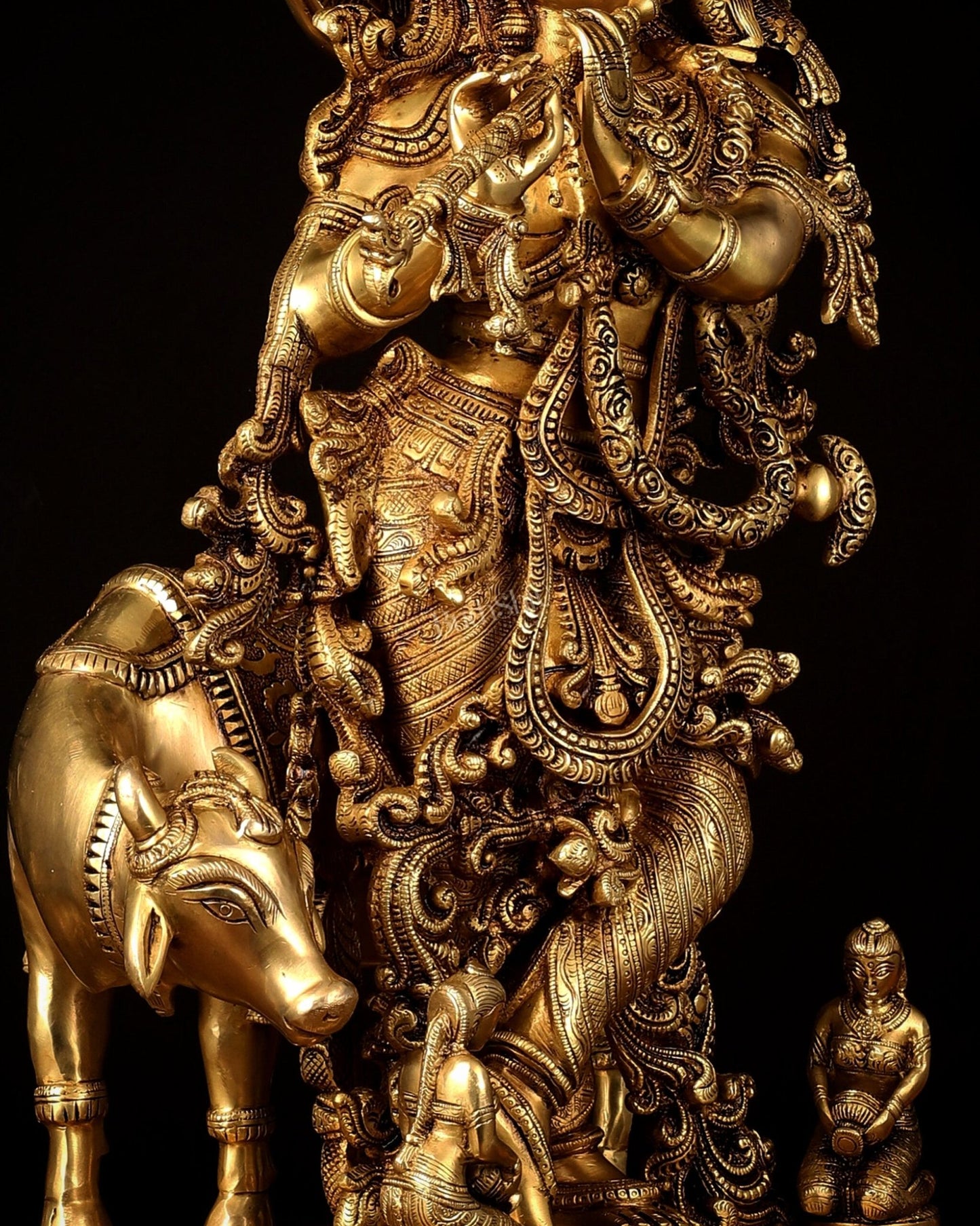 Pure Brass Lord Krishna with Cow large Statue - 29" Height - Budhshiv.com