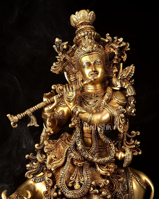 Pure Brass Lord Krishna with Cow large Statue - 29" Height - Budhshiv.com