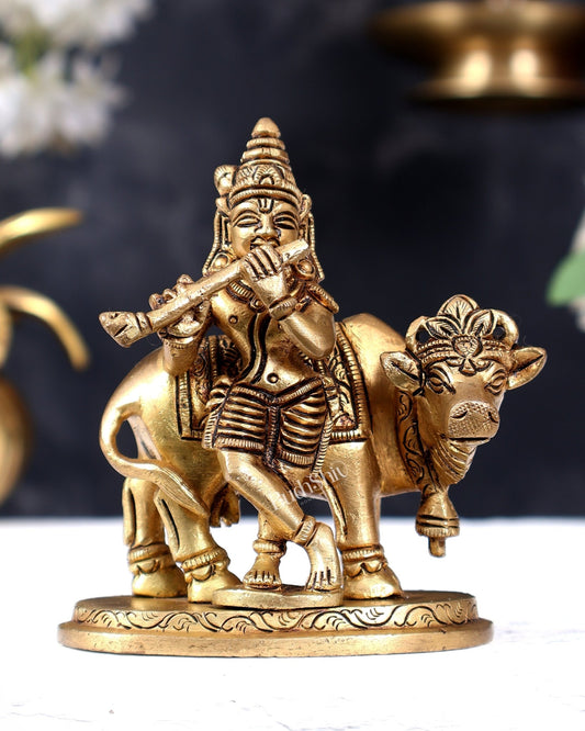 Pure Brass Lord Krishna with Cow Small Statue 3.8 inch - Budhshiv.com