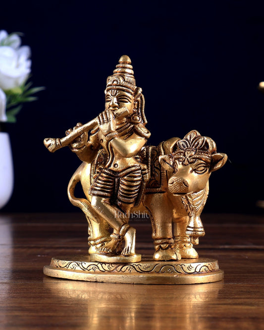 Pure Brass Lord Krishna with Cow Small Statue 3.8 inch - Budhshiv.com