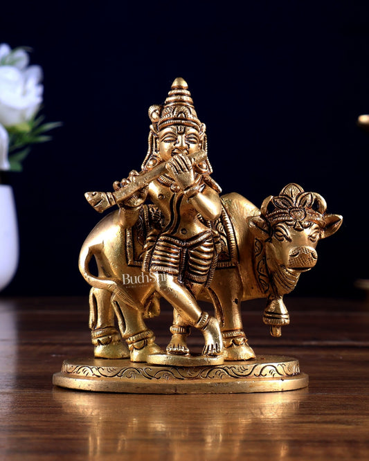 Pure Brass Lord Krishna with Cow Small Statue 3.8 inch - Budhshiv.com