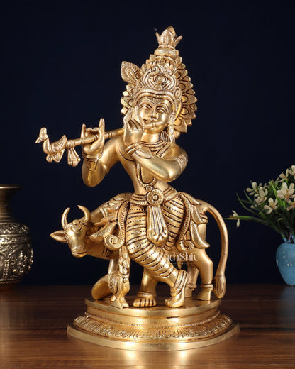 Pure Brass Lord Krishna with Cow Statue – 11 Inch - Budhshiv.com