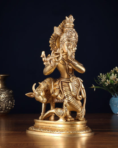 Pure Brass Lord Krishna with Cow Statue – 11 Inch - Budhshiv.com