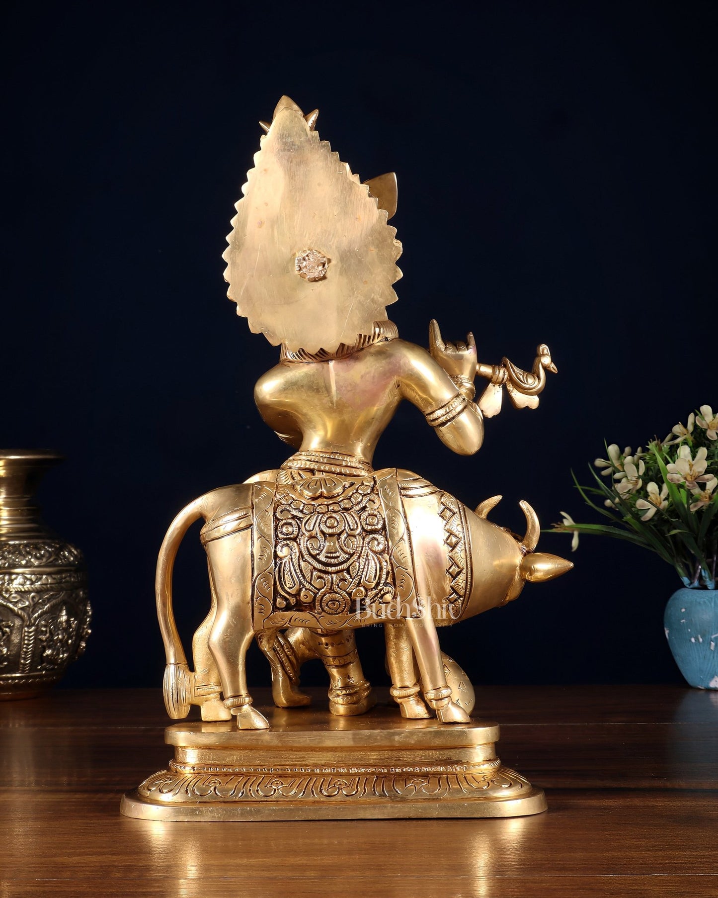 Pure Brass Lord Krishna with Cow Statue – 11 Inch - Budhshiv.com