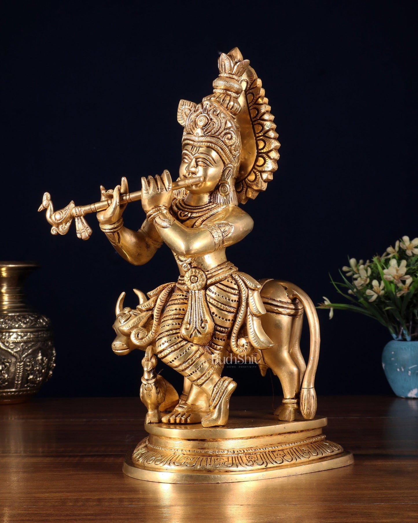 Pure Brass Lord Krishna with Cow Statue – 11 Inch - Budhshiv.com