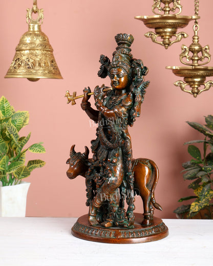 Pure Brass Lord Krishna with Cow Statue – Double Chola Tone 13 inch - Budhshiv.com