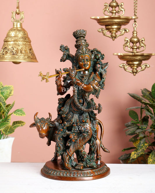 Pure Brass Lord Krishna with Cow Statue – Double Chola Tone 13 inch - Budhshiv.com