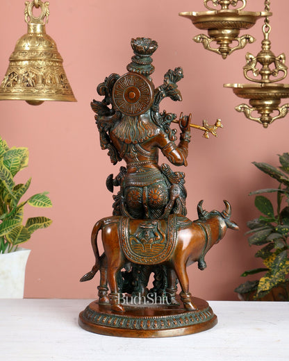 Pure Brass Lord Krishna with Cow Statue – Double Chola Tone 13 inch - Budhshiv.com