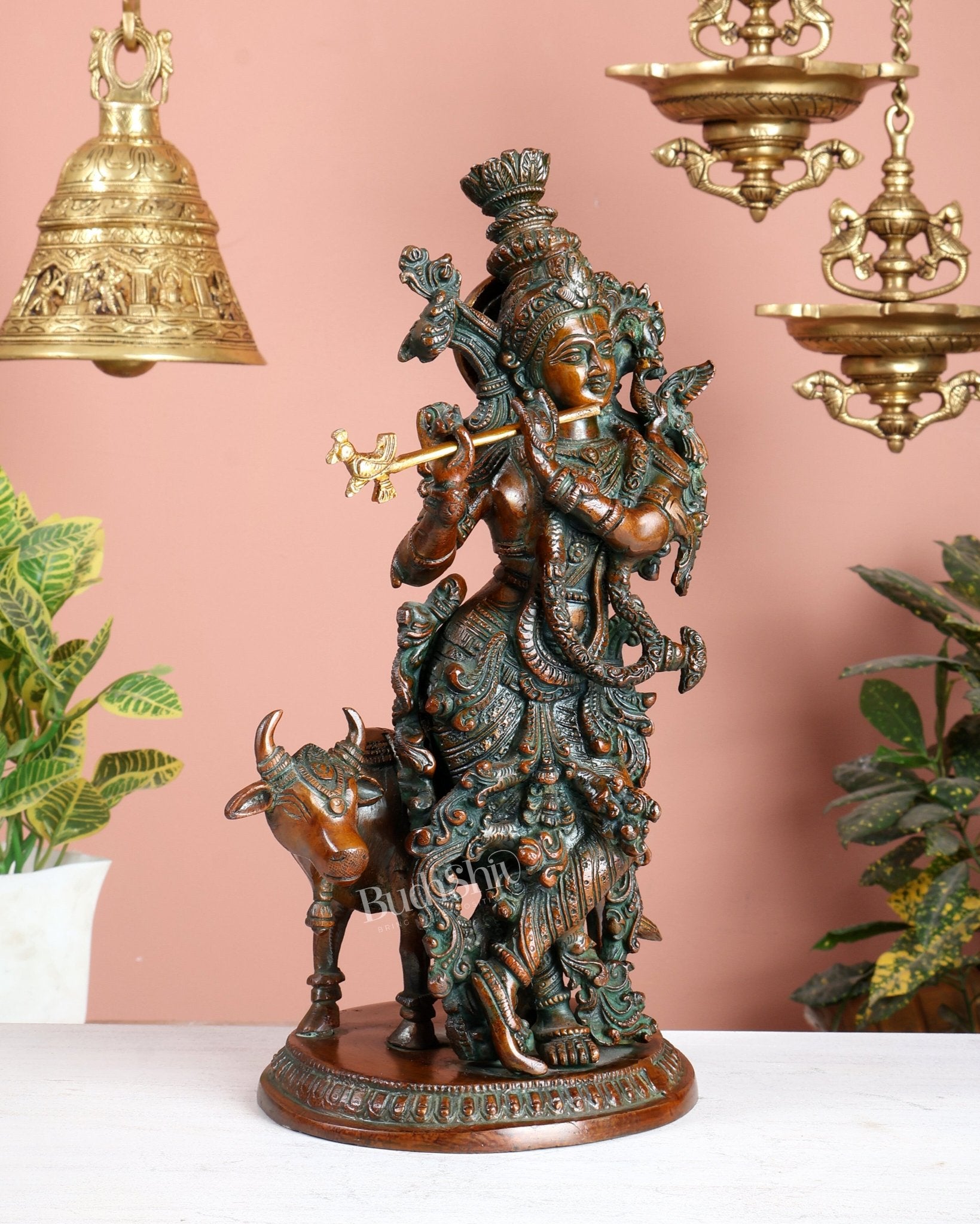 Pure Brass Lord Krishna with Cow Statue – Double Chola Tone 13 inch - Budhshiv.com