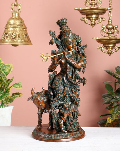 Pure Brass Lord Krishna with Cow Statue – Double Chola Tone 13 inch - Budhshiv.com