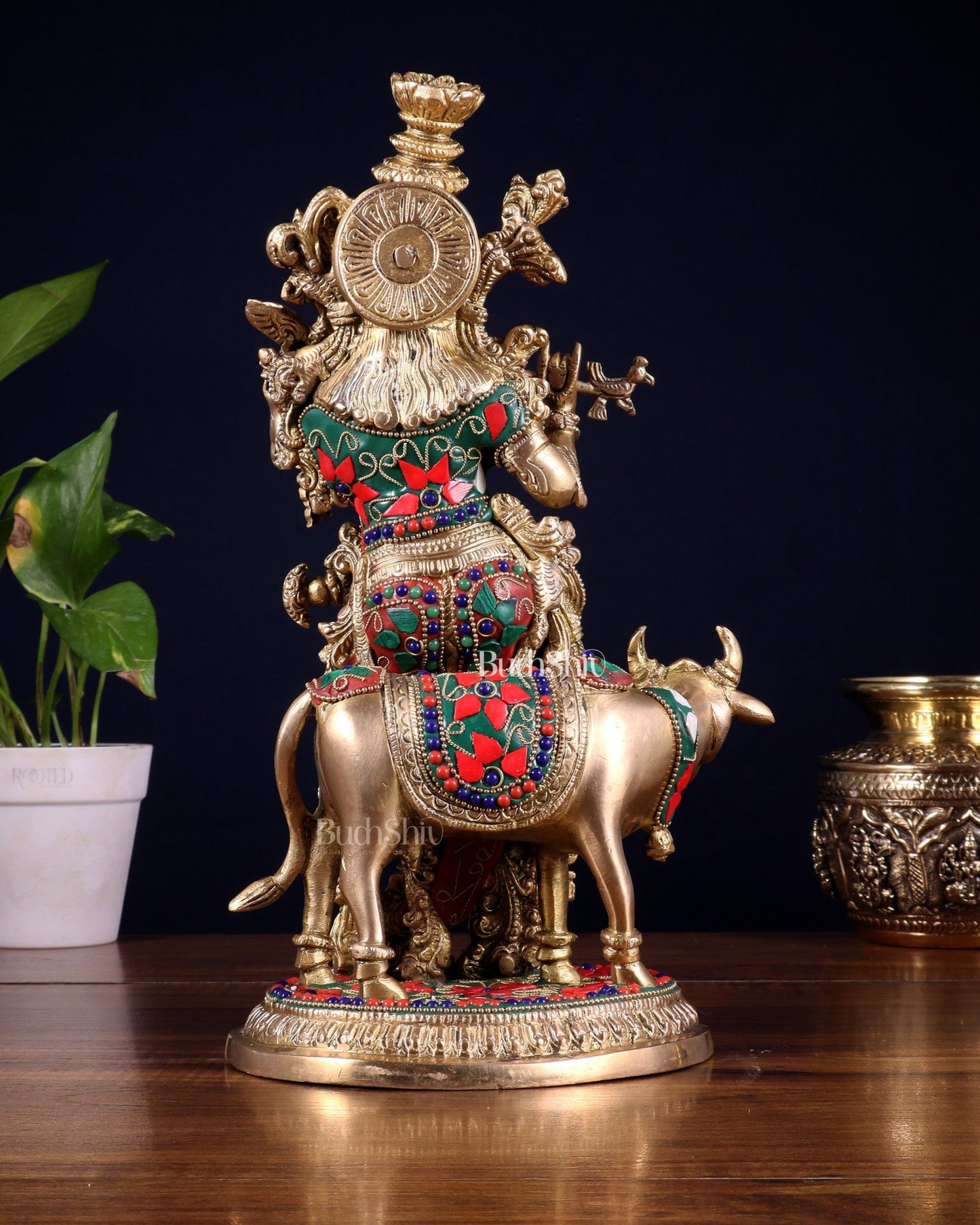 Pure Brass Lord Krishna with Cow Statue – floral stonework 13 inch - Budhshiv.com