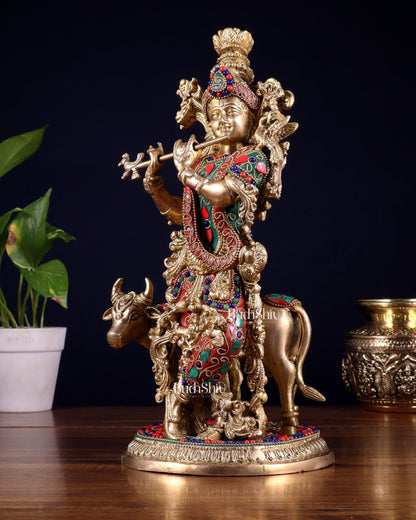 Pure Brass Lord Krishna with Cow Statue – floral stonework 13 inch - Budhshiv.com