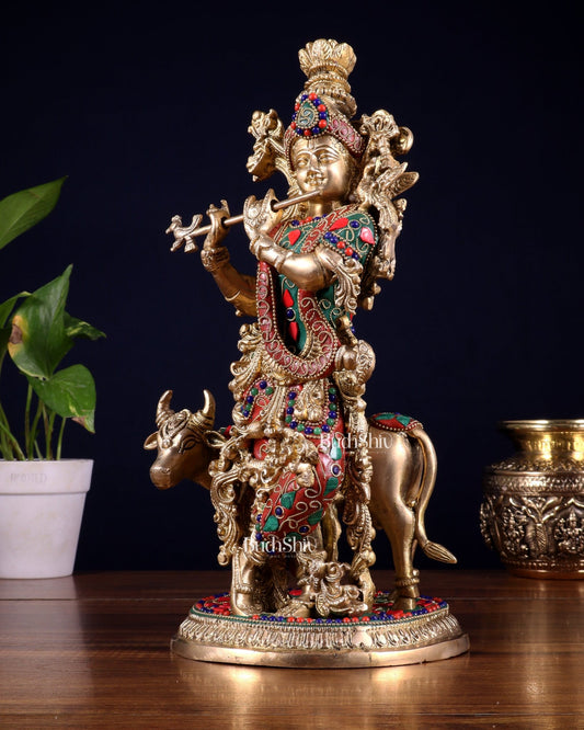 Pure Brass Lord Krishna with Cow Statue – floral stonework 13 inch - Budhshiv.com