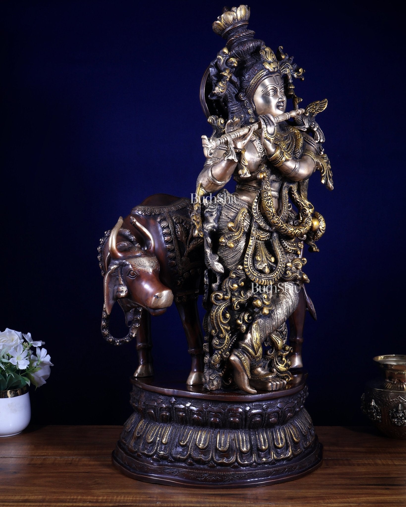 Pure Brass Lord Krishna with Cow Statue – Three Tone Finish 28 inch - Budhshiv.com