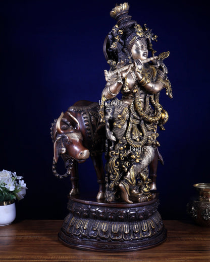 Pure Brass Lord Krishna with Cow Statue – Three Tone Finish 28 inch - Budhshiv.com
