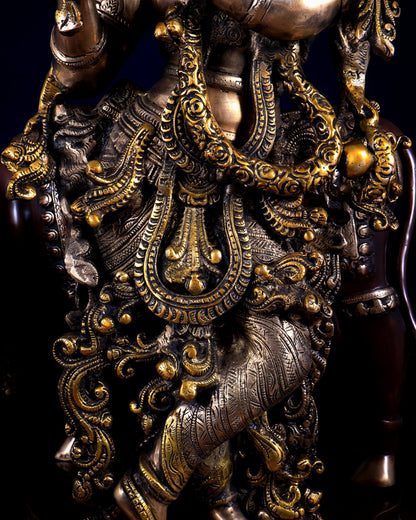 Pure Brass Lord Krishna with Cow Statue – Three Tone Finish 28 inch - Budhshiv.com